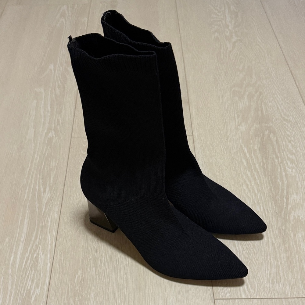 Zara Black Glove Knit Fabric Heeled Boots - Picture 2 of 11